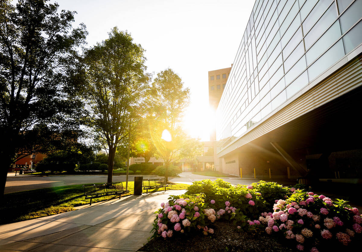 sunrise outside Kennedy Hall of Engineering